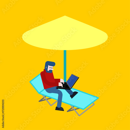 Man working on laptop while relaxing on a sun lounger under a beach umbrella, symbolizing remote work during vacation, freelancing, and digital lifestyle freedom.