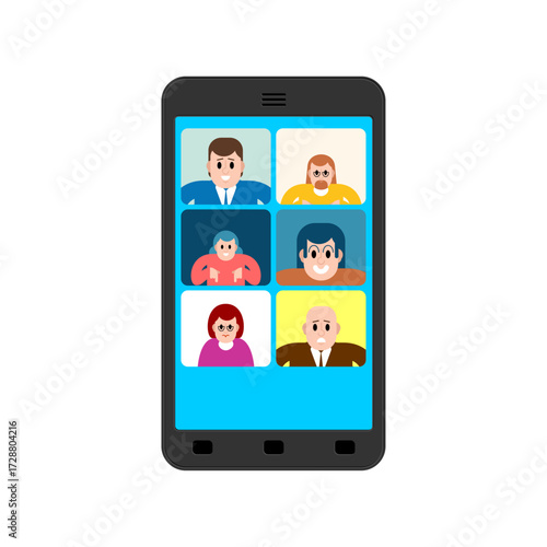 Video conference on smartphone with chat interface, symbolizing remote meetings, online teamwork, and digital communication in modern lifestyle.