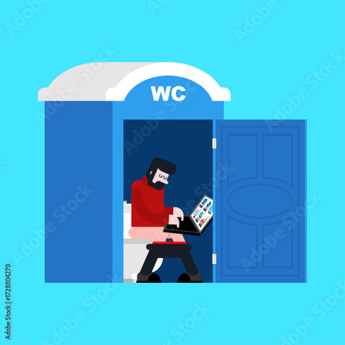 Person sitting on a toilet with a laptop, symbolizing work everywhere, digital dependency, multitasking culture, humorous yet stressful aspect of modern life. Work everywhere with laptop