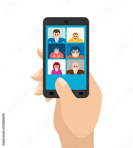 Video conference on smartphone with human finger tapping screen, symbolizing touch technology, remote meetings, online communication, and interactive control.