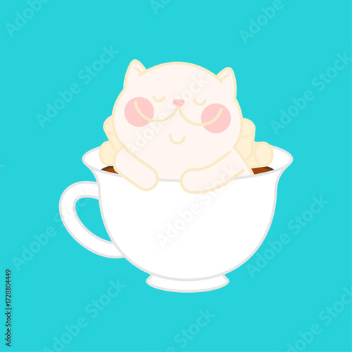 cute cat sitting inside a cup of hot chocolate with marshmallows. Symbol of coziness, warmth, and sweetness. Perfect for cafes, winter designs, and children’s illustrations.