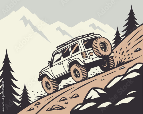 Off-road SUV climbing a rocky mountain path, with large rugged tires, dirt splashes, pine trees, and snowy peaks in the background.