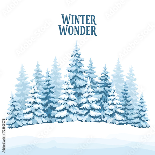 A serene winter forest scene with snow-laden evergreen trees, creating a tranquil and magical atmosphere under a crisp sky, perfect for seasonal themes