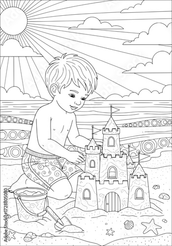 A boy builds a sand castle. coloring book