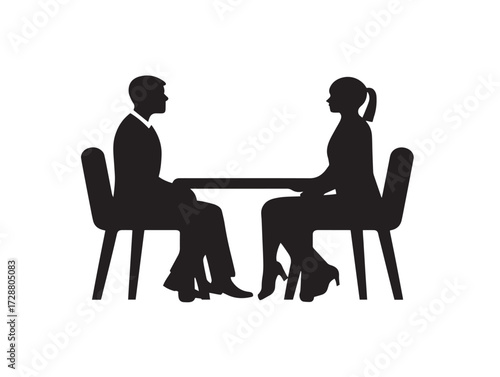 Job interview silhouette icon vector illustration solid black recruiter and candidate meeting
