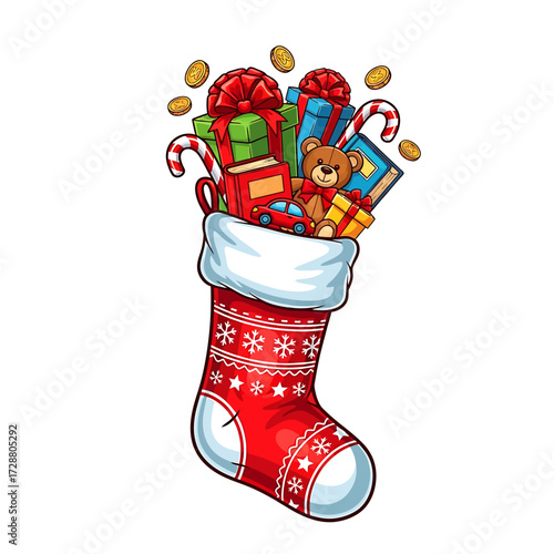 A festive red Christmas stocking overflowing with colorful presents, toys, candy canes, and gold coins.