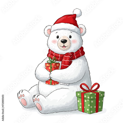 Adorable cartoon polar bear with festive red Santa hat and cozy scarf, happily holding a wrapped gift, with another present nearby, ready for joyful winter season celebrations
