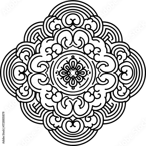 Ornate, symmetrical, black and white mandala with repeating floral and cloud-like patterns.  