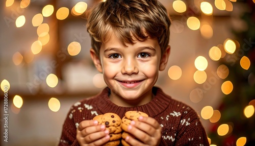 A joyful child holding cookies