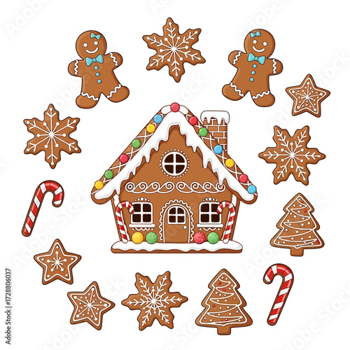 A festive collection of decorated gingerbread cookies, including a house, men, snowflakes, stars, trees, and candy canes, arranged in a circle.