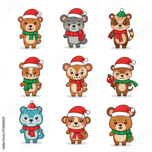 A charming collection of nine adorable cartoon animals dressed in festive Christmas attire, including Santa hats and scarves, ready for the holiday season.