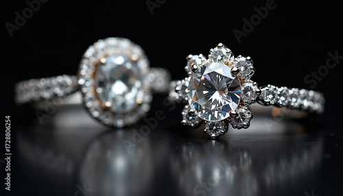Two elegant diamond rings on a dark background. One ring features a round diamond, while the other has a floral design with multiple smaller stones.