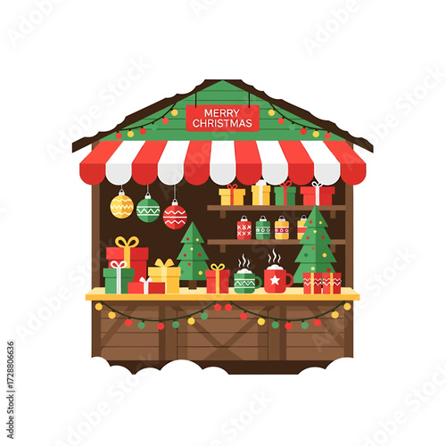 Festive Christmas Market Stall A Colorful Illustration with Decorations and Gifts
