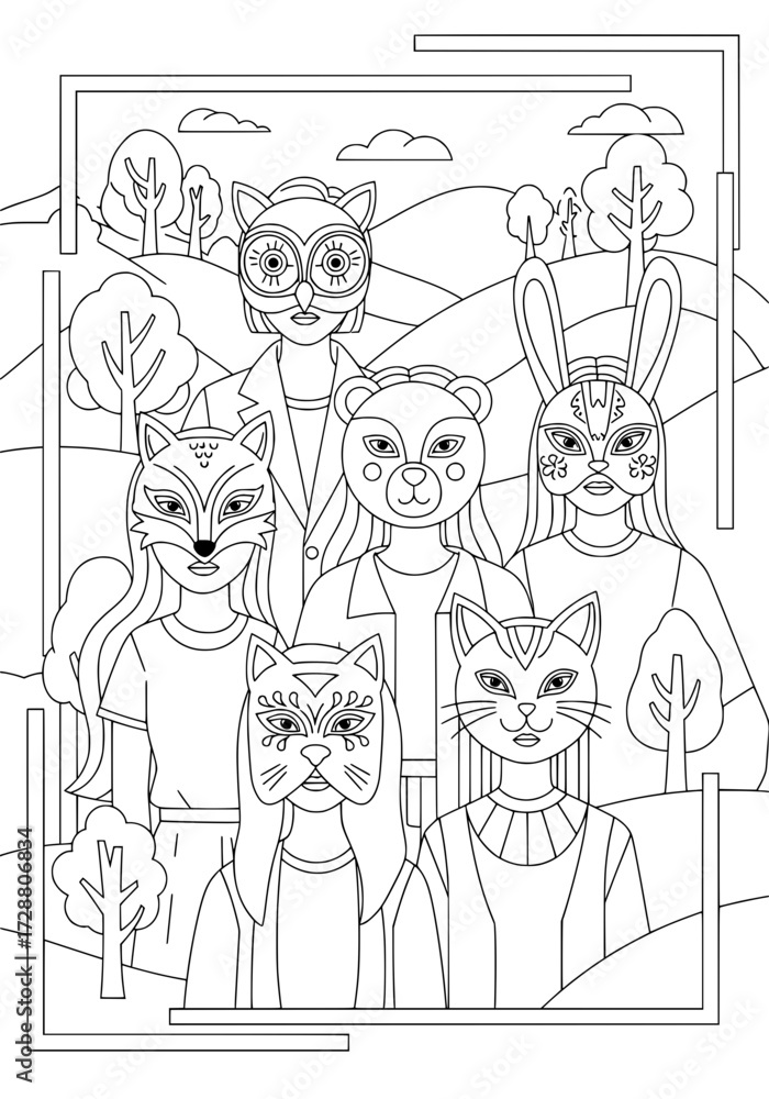 Fototapeta premium portrait of children in masks. coloring book