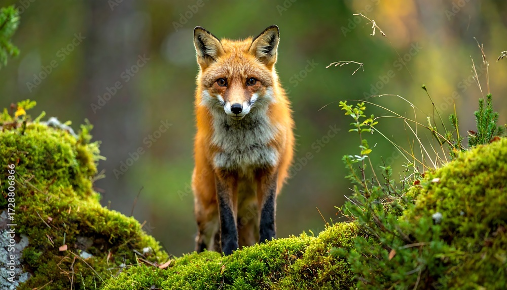 Fototapeta premium Red fox on mossy outcrop