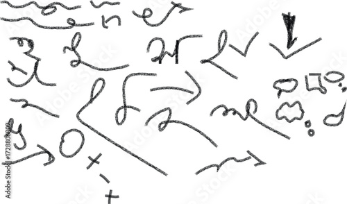 Assortment of Black Hand- Drawn Symbols, Arrows, and Abstract Shapes on a White Background hand-drawn