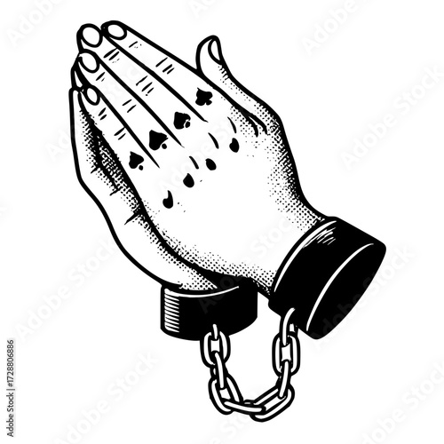 Praying hands with poker card symbols and shackles, symbolic of fate and freedom