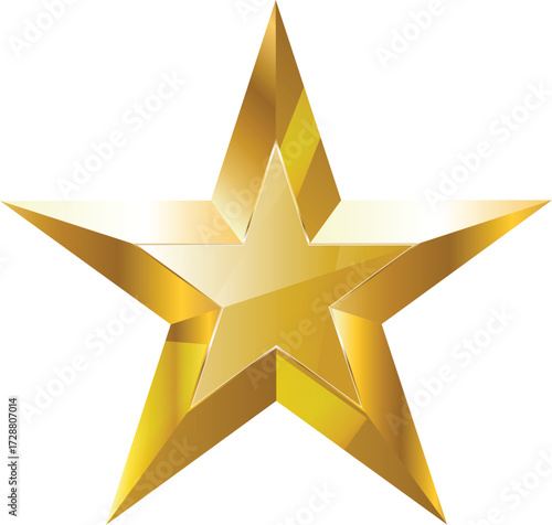 Shiny Golden Five- Pointed Star with Reflective Surfaces and Gradient Shading on a White Background metallic
