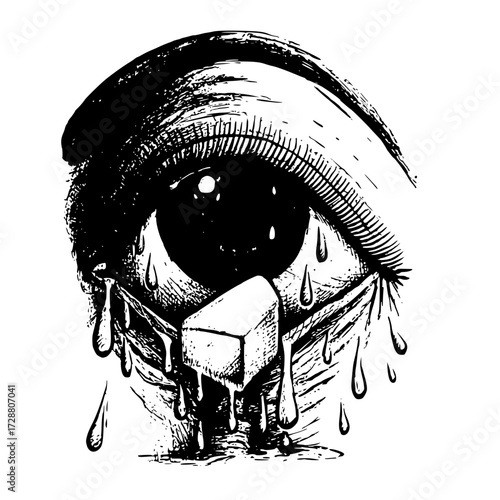 Distressed eye sheds tears forming a cube, symbolizing emotional pain and mental blocks.
