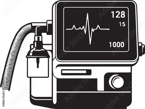Patient Monitor Display, Black and White Vector Illustration of Heart Rate Waveform and Vital Sign Readings with Medical Sensor