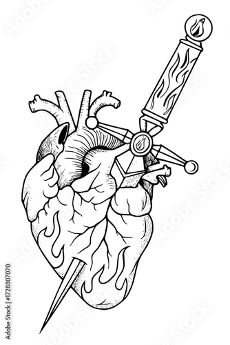 Dramatic heart pierced by ornate sword, fiery design, powerful symbol of love and pain.
