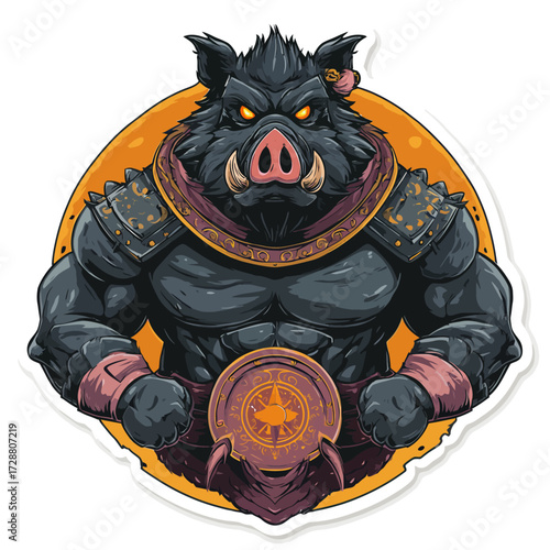 Stylized muscular boar warrior, adorned with armor, holding a patterned shield