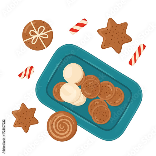 Overhead view of a tray filled with cookies and candies, festive holiday treats.