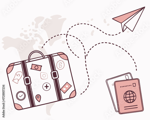 Minimalist travel concept featuring a suitcase with destination stickers, a world map with dotted flight routes, a paper airplane, passport with boarding pass