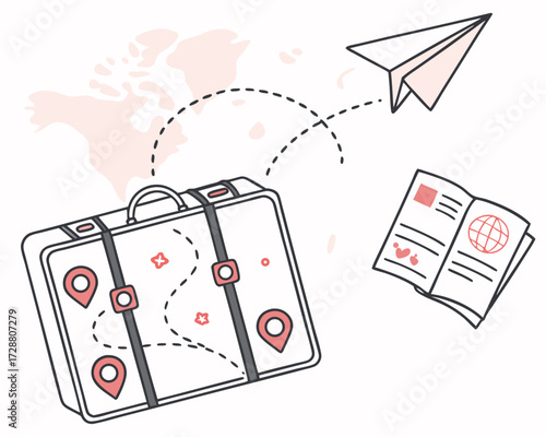 Minimalist travel concept featuring a suitcase with destination stickers, a world map with dotted flight routes, a paper airplane, passport with boarding pass
