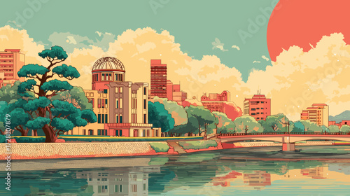 Cityscape of hiroshima, city of Japan, attractive touristic advertisement poster, beautiful touristic must-see destination. Beautiful tourist destination in Asia. Genbaku dome monument after the atomi
