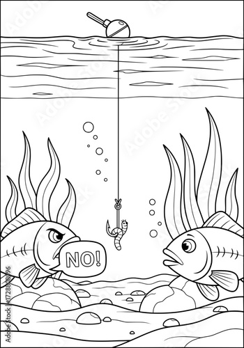 the fish warns other fish against the temptation to eat the worm on the hook. coloring book