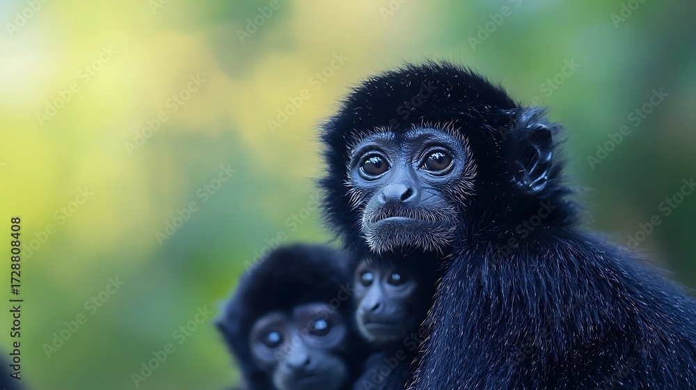Fototapeta premium A closeup of a black spider monkey with two young ones behind it