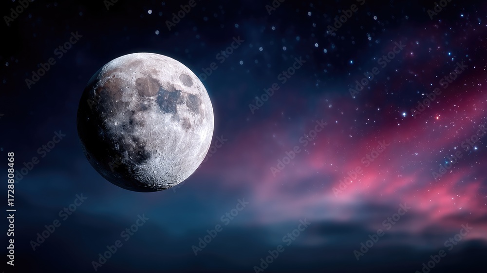Fototapeta premium Pixelated Full Moon Over Cloudy Dark Blue Sky with Starry Nebula Background