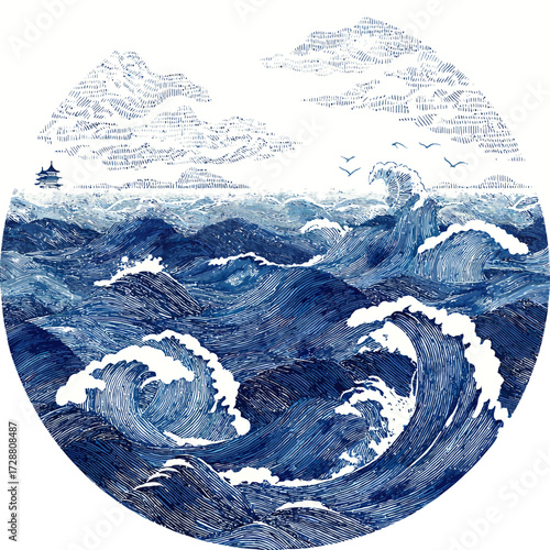 Circular seascape with dynamic waves and Asian-inspired elements