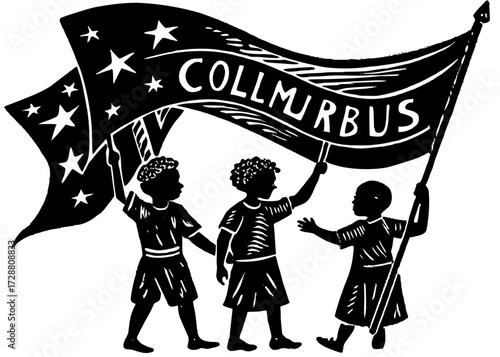 Children Holding Columbus Flag Silhouette, Columbus Day Parade SVG, PNG