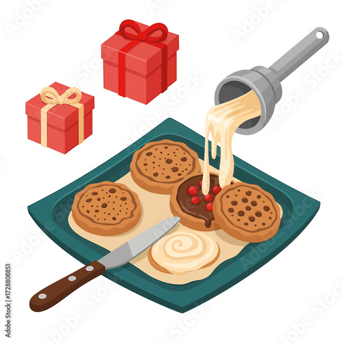 Baking and decorating cookies with frosting and berries on a tray, with gift boxes in the background.