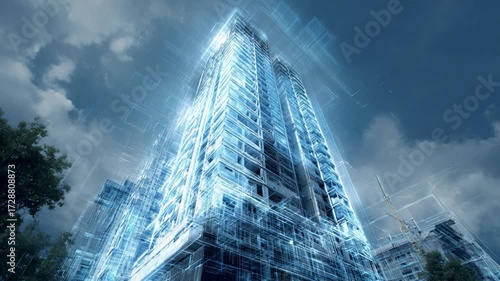 Blueprint Skyscraper: This image showcases the detailed architectural framework of a skyscraper, rendered in a striking blueprint style, set against a dynamic cloudy sky. 