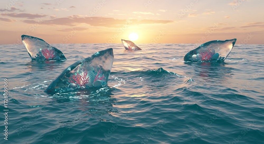 Fototapeta premium Sharks swimming in the ocean during sunset with fins emerging from the water