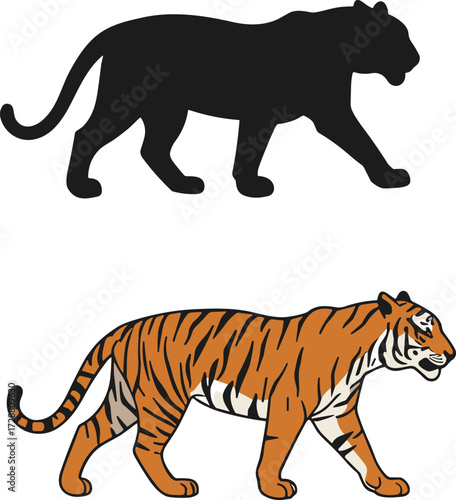 PrintTiger silhouette illustration, detailed tiger walking, wild animal art, wildlife vector design, predator drawing, jungle cat artwork, striped feline graphic
