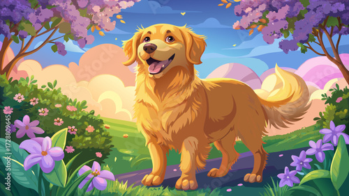 The playful Golden Retriever dog standing in front of blooming lilac flowers outdoors in summer morning light, capturing innocence, beauty, and companionship beneath glowing sunshine, surrounded by 