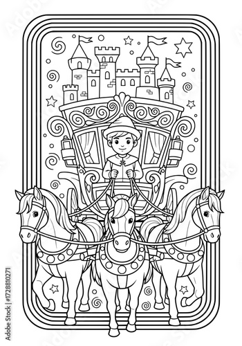 A coachman boy drives a horse cart. coloring book