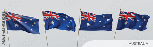 Set of Australia waving flag on isolated background vector illustration. 4 blue Australian wavy realistic flag as a patriotic symbol
