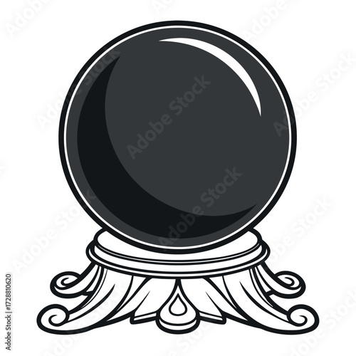 Solid Black Crystal Ball Silhouette on Ornate Stand on White Background (2).eps
