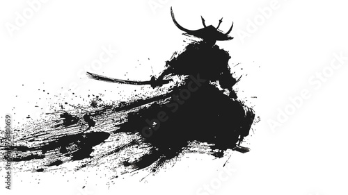 Japanese samurai warrior ink painting in black brush strokes with traditional Asian calligraphy art style