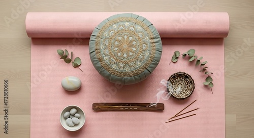 Harmonious yoga setting featuring a pastel pink mat, ornate cushion, and aromatherapy elements for a serene practice