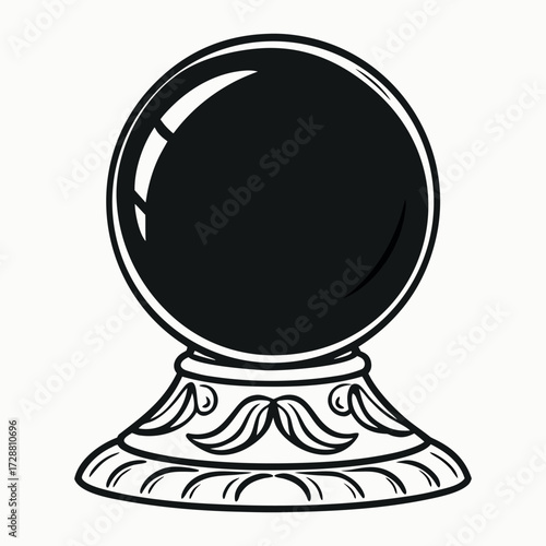 Solid Black Crystal Ball Silhouette on Ornate Stand on White Background (3).eps