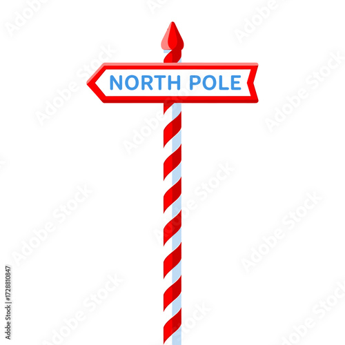 North Pole signpost with red and white candy cane stripes pointing the way. Christmas winter holiday vector illustration isolated on white background