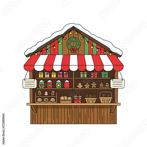 A charming Christmas market stall selling festive baked goods and mugs, decorated with snow, lights, and a wreath.