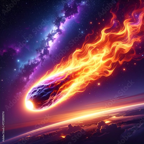 Fiery comet streaks across a cosmic scene
