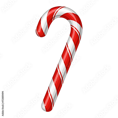 Illustration of a red and white striped candy cane on a white background.